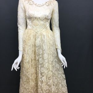 Wedding Dress 1940s Ivory Lace Train Sz Small Vtg